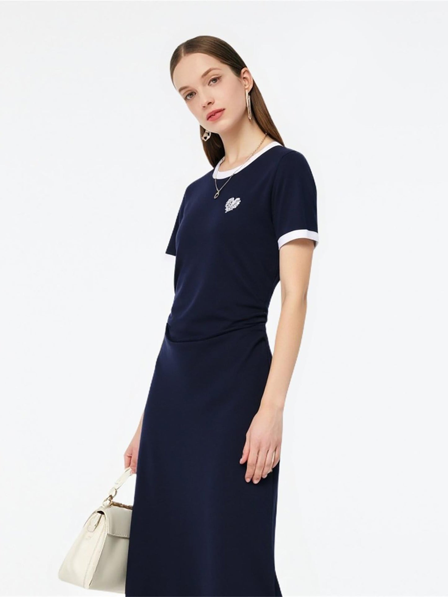Side Pleat Round Neck Women Knit Midi Dress
