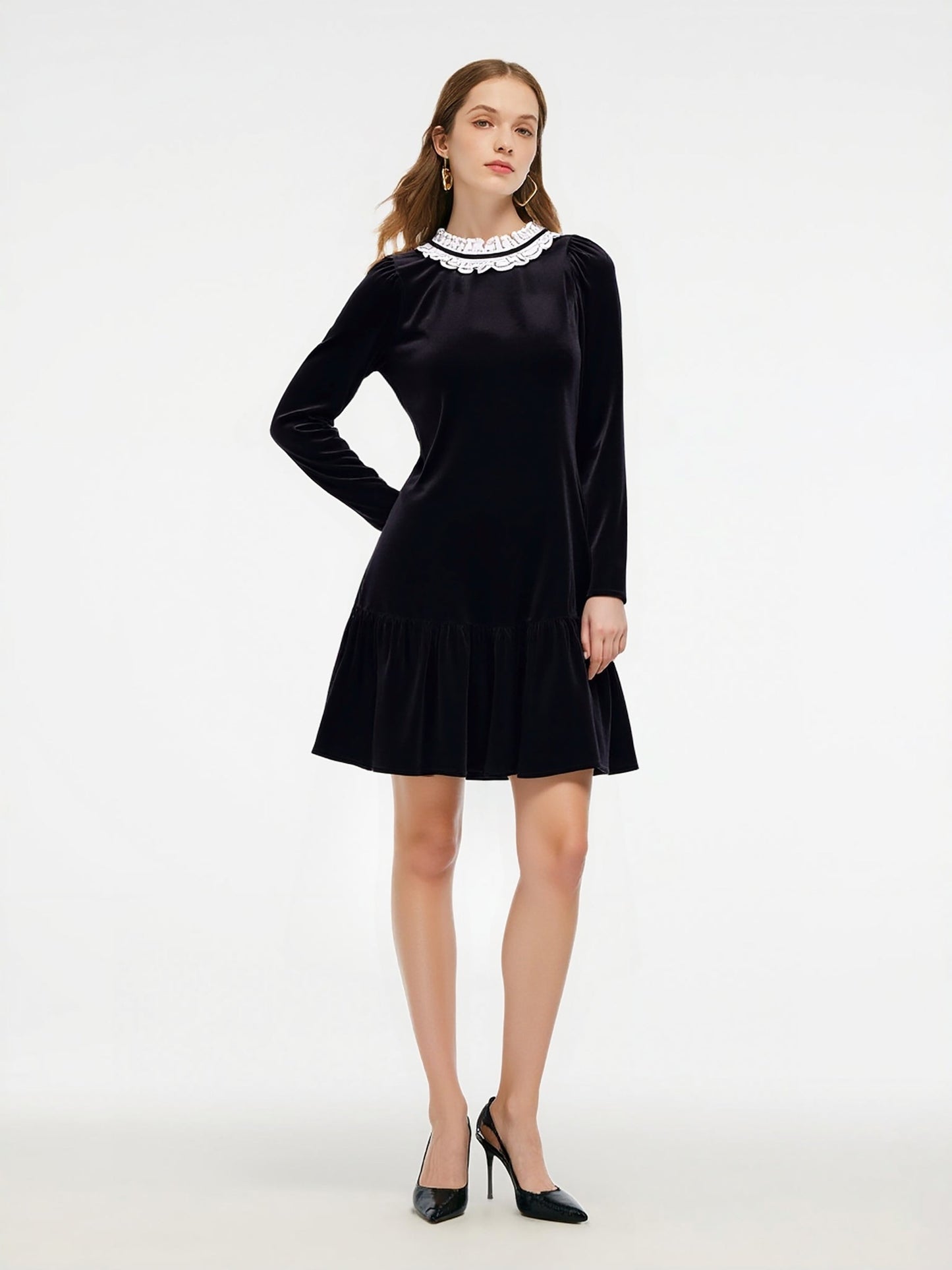 Velvet Ruffle Round Neck Women Mini Dress