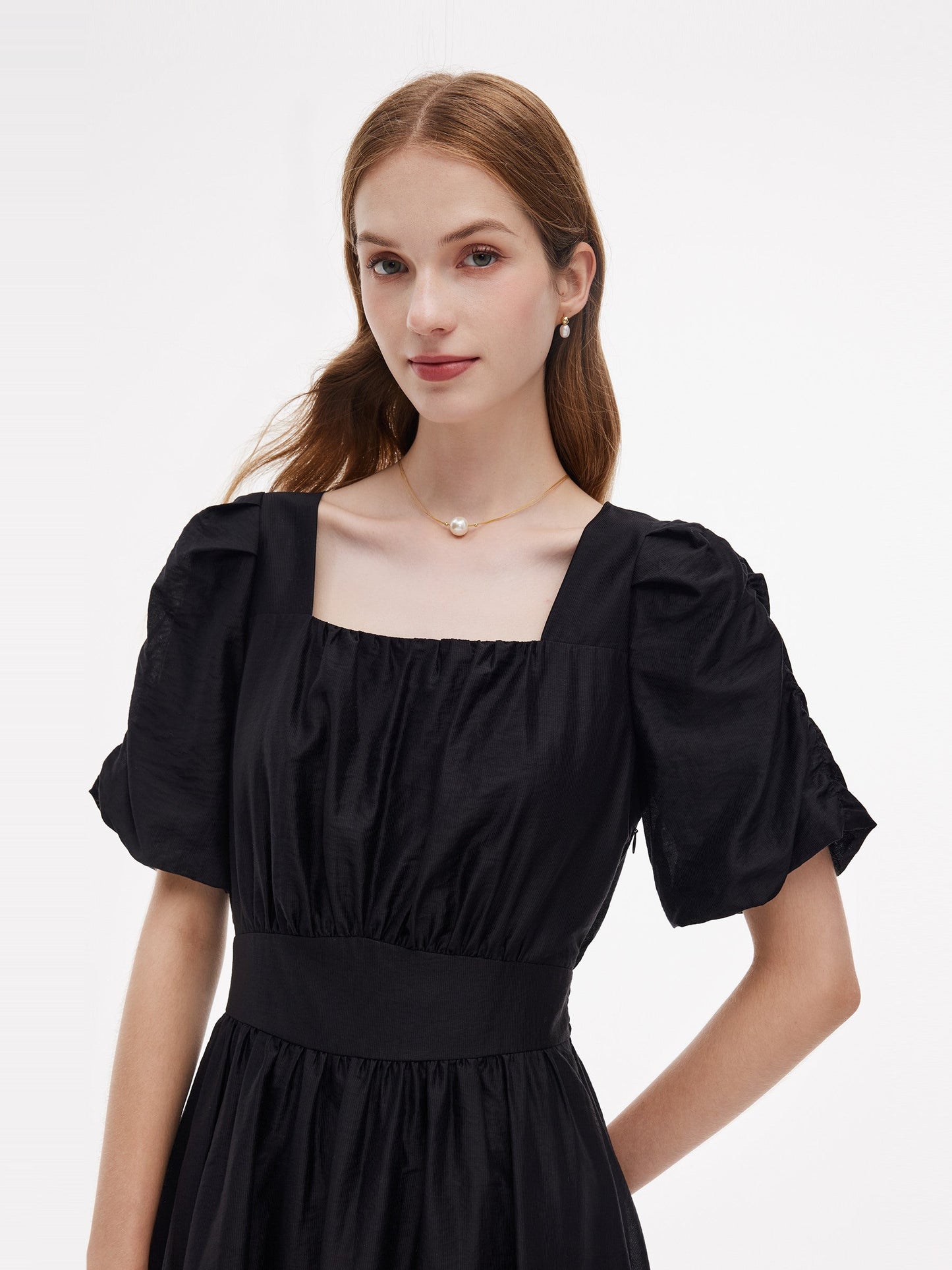 Tencel Blend Square Neck Women Puff Sleeve Maxi Dress