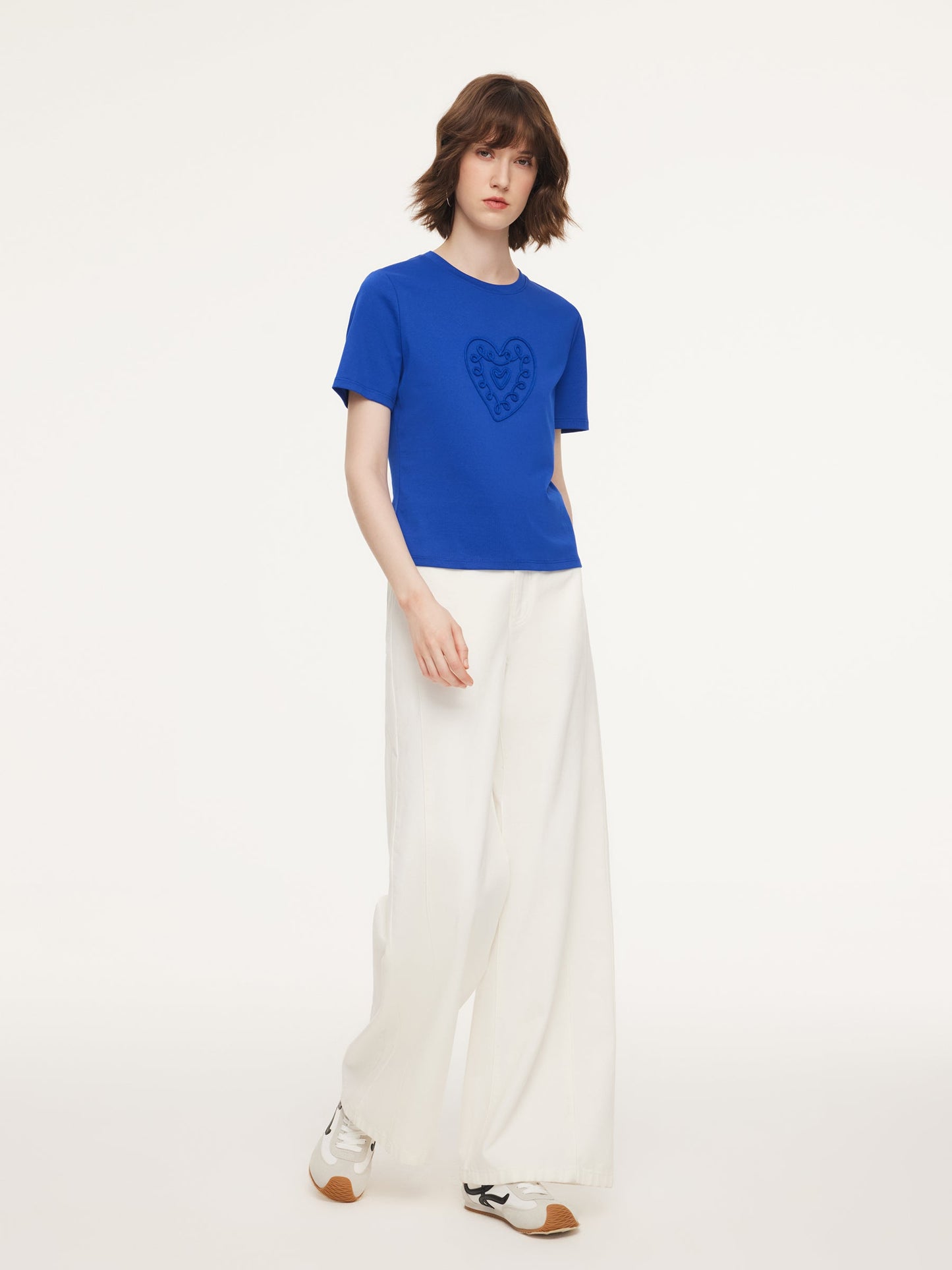 Cotton Blend Round Neck Tape Embroidered Women T-Shirt