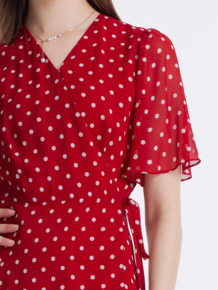 10 Momme Mulberry Silk Polka Dots Print Wrapped Ruffle Women Midi Dress