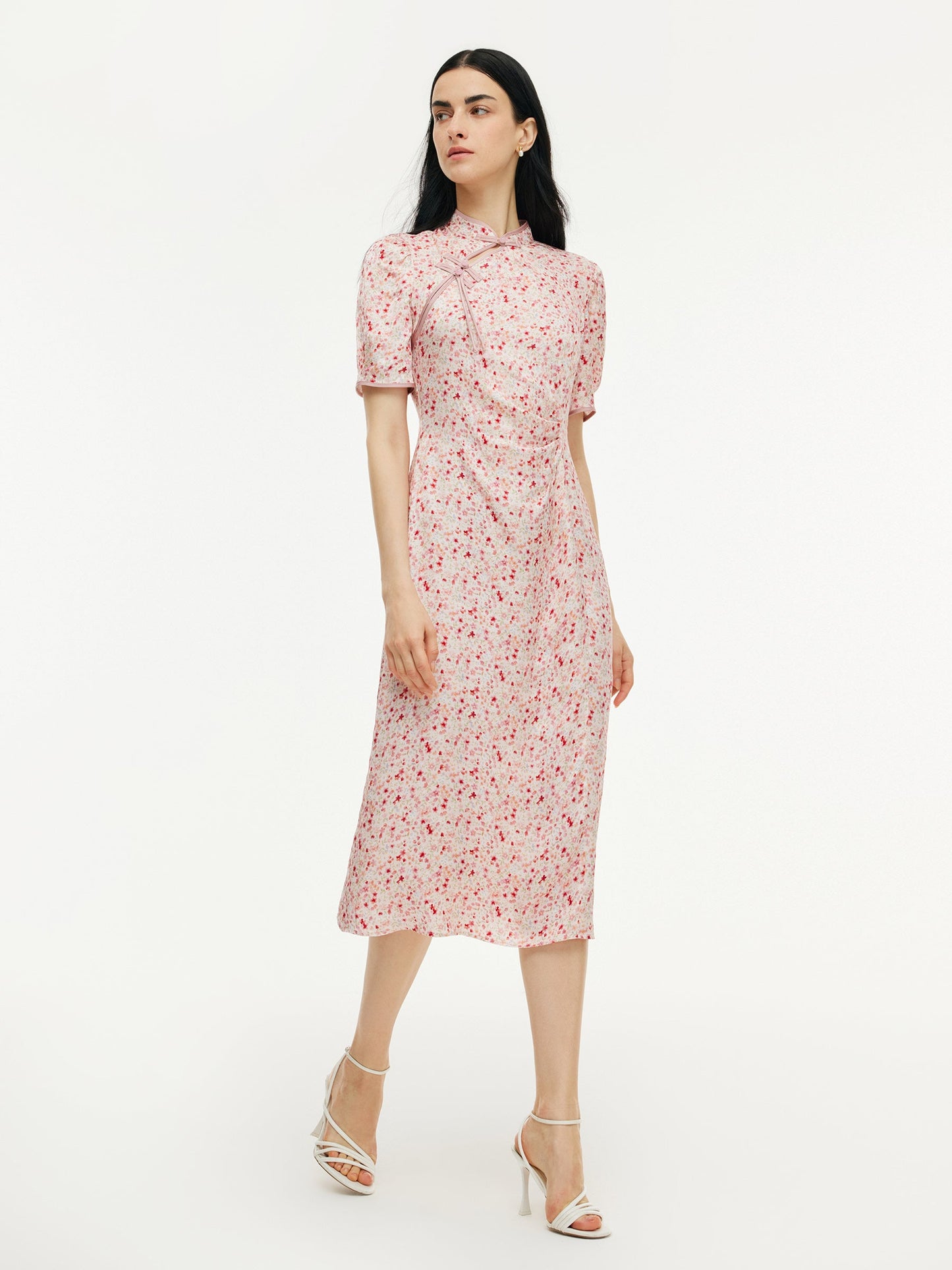 Floral Print Side Twist Women Qipao Midi Dress