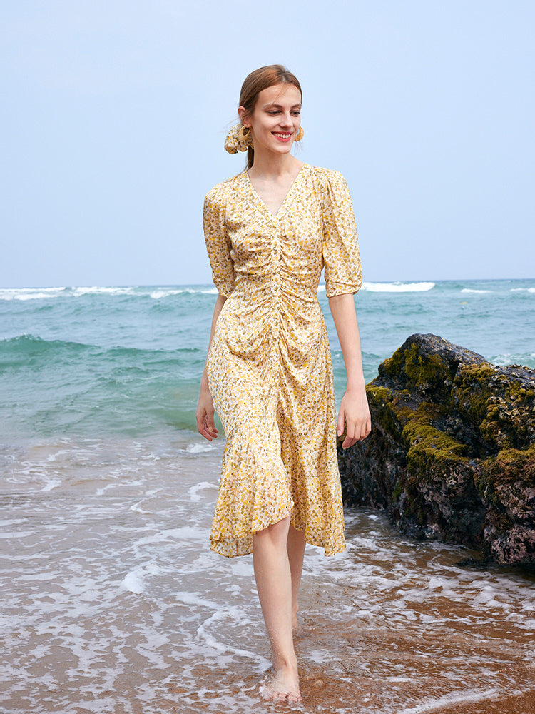 Pleated Fishtail Floral Midi Printed Dress