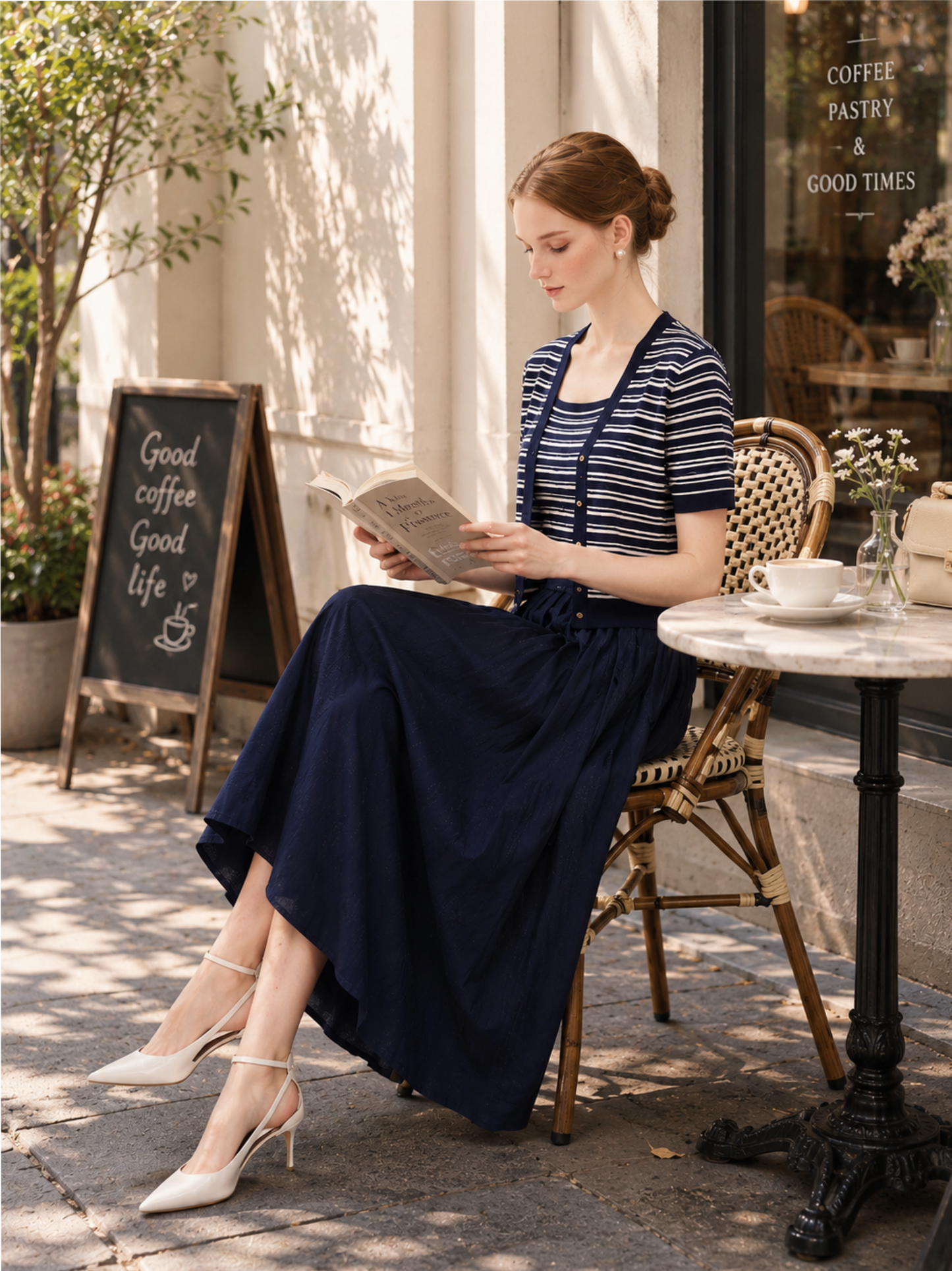 Tencel Blend Stripe Cardigan And Patchwork Strap Dress Two-Piece Set