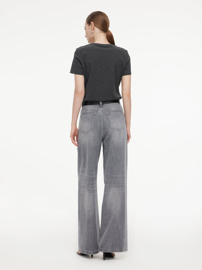 Lyocell Cotton Blend Denim Women Straight Wide Leg Jeans With Leather Belt