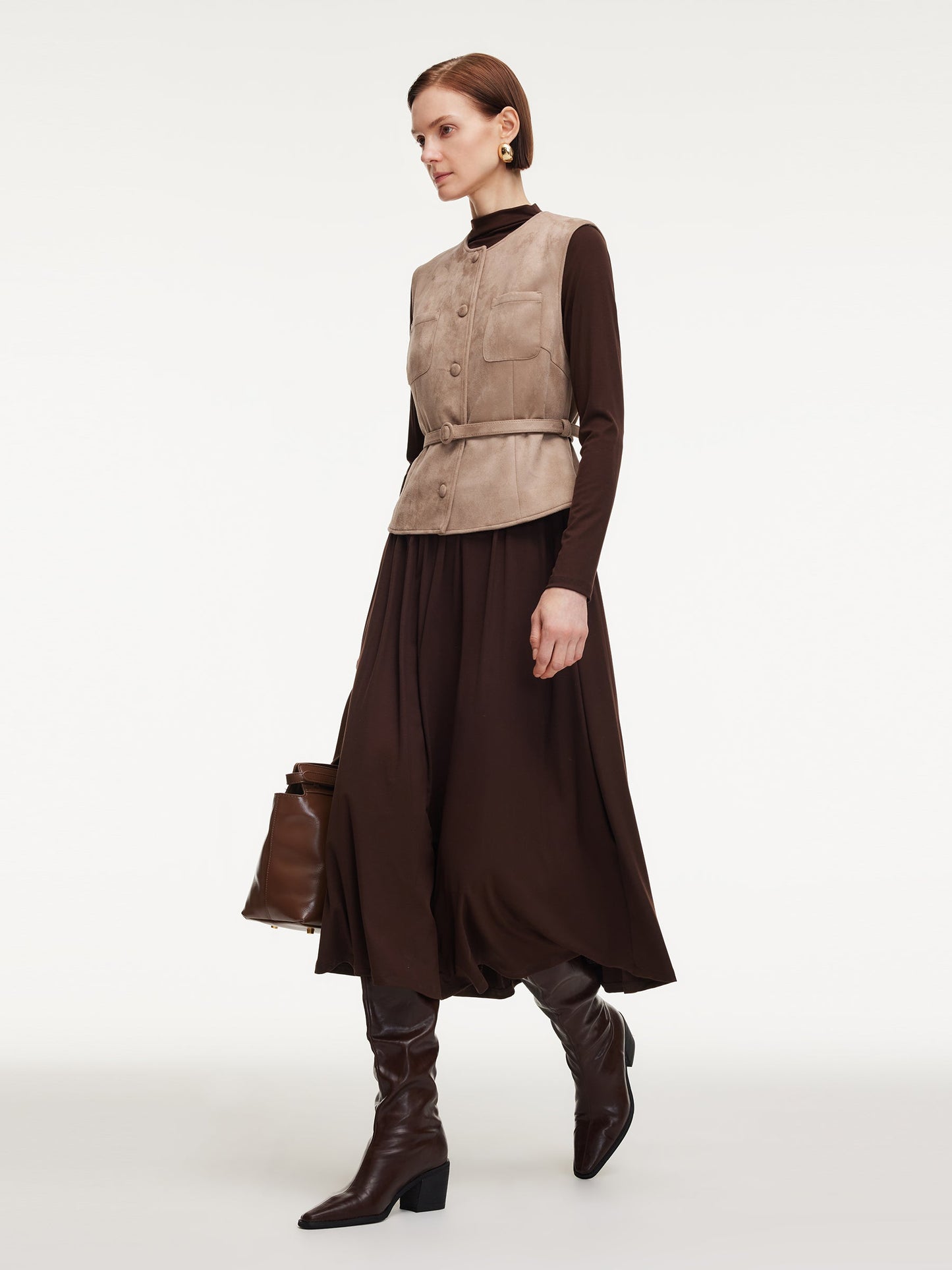 Faux Suede Vest And Knit Dress Two-Piece Set With Belt