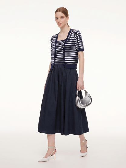 Tencel Blend Stripe Cardigan And Patchwork Strap Dress Two-Piece Set