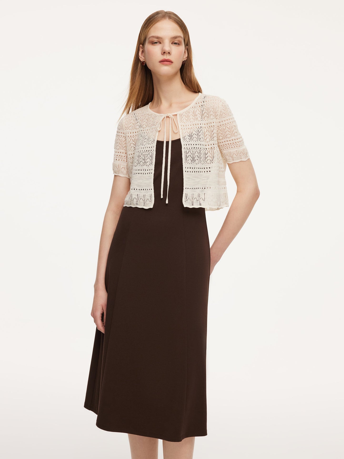 Tie Front Openwork Cardigan And Knit Strap Dress Two-Piece Set