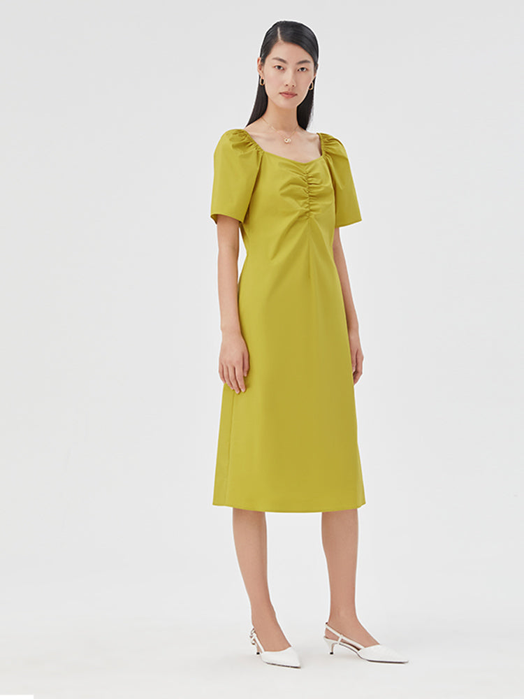 Puff Sleeve Gathered Pleated Midi Dress