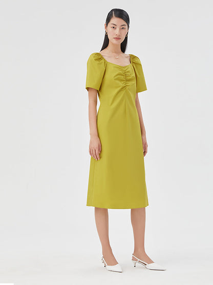 Puff Sleeve Gathered Pleated Midi Dress