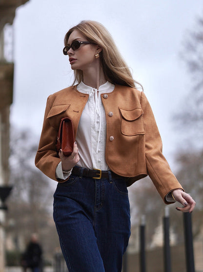 Faux Suede Jacket And Jeans Two-Piece Set
