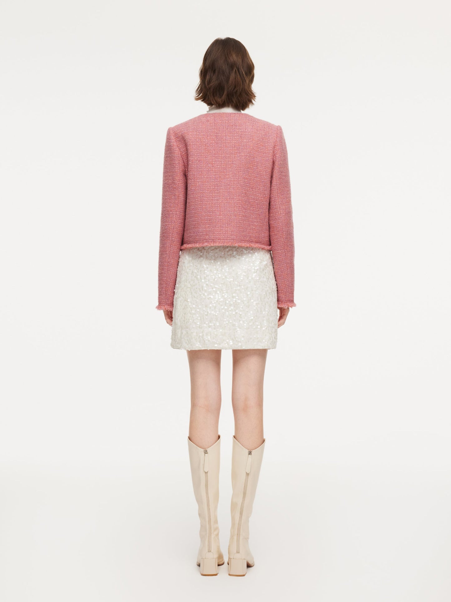 Wool Blend Tweed Frayed Hem Women Jacket