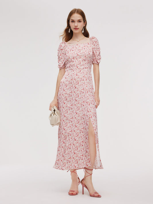 Floral Print Side Slit Women Ruched Sleeve Maxi Dress