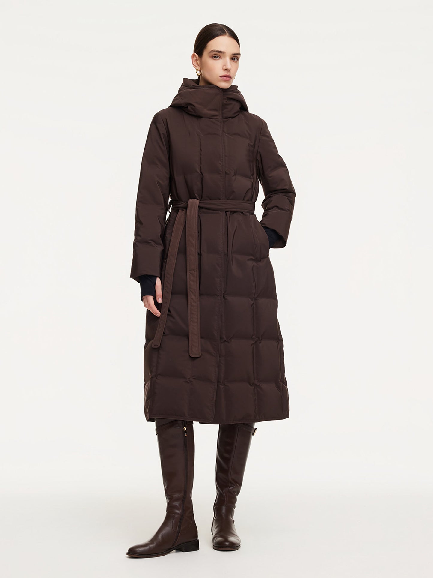 Quilted Hooded Goose Down Wrap Overcoat