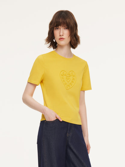 Cotton Blend Round Neck Tape Embroidered Women T-Shirt