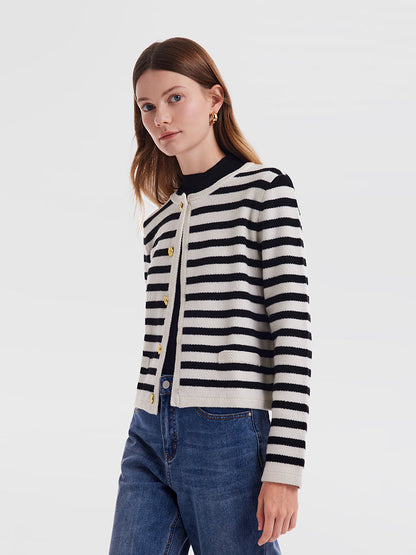 Button Up Woolen Striped Lady Cardigan