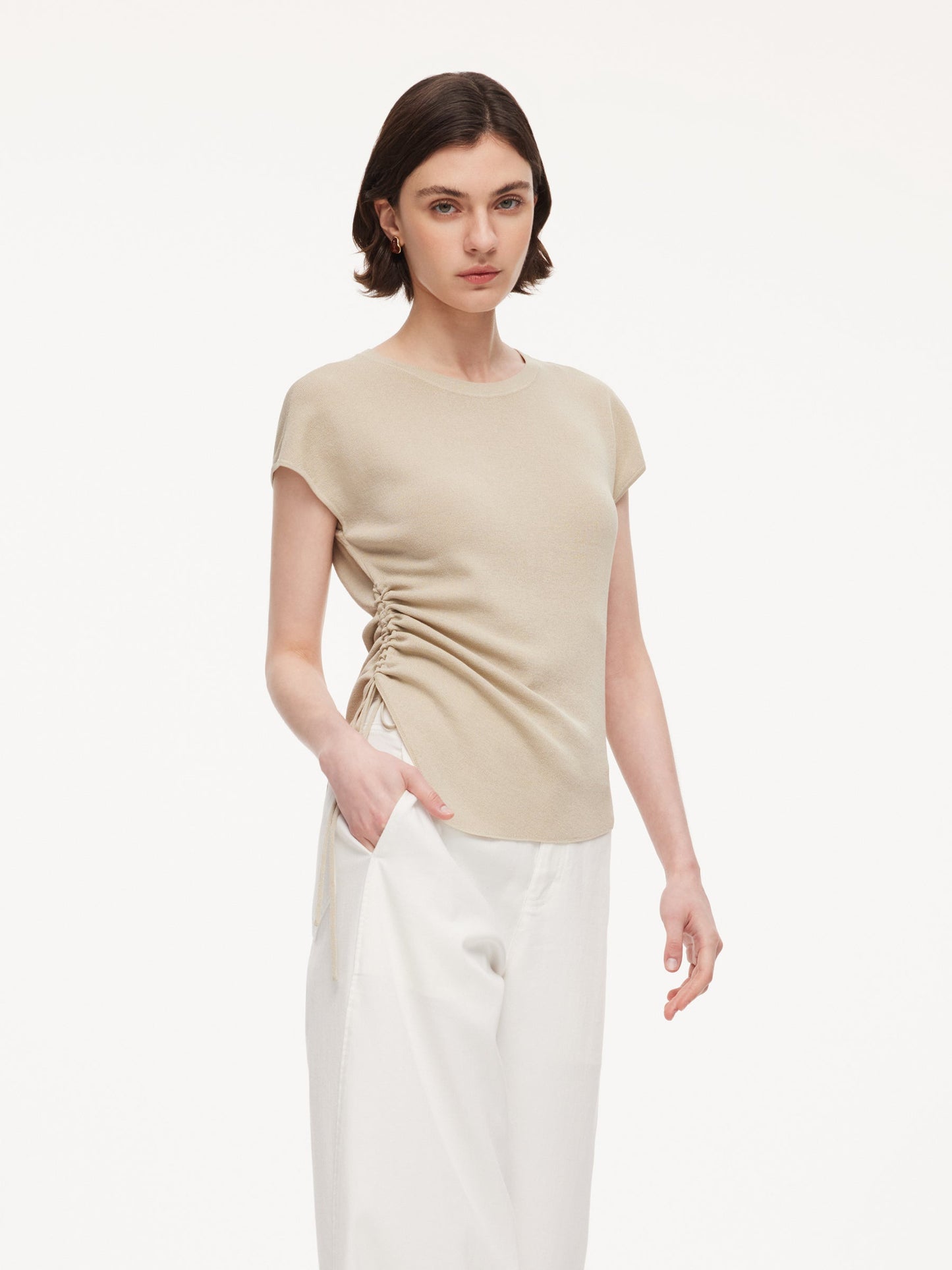 Lyocell Blend Side Drawstring Women Asymmetric Knit Top