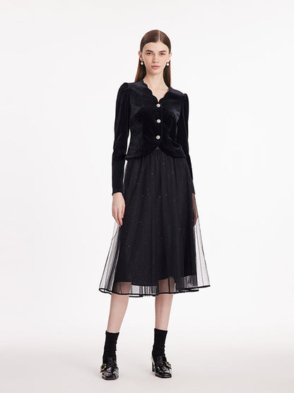 Wave Cut V-Neck Velvet Top And Tulle Skirt Two-Piece Set