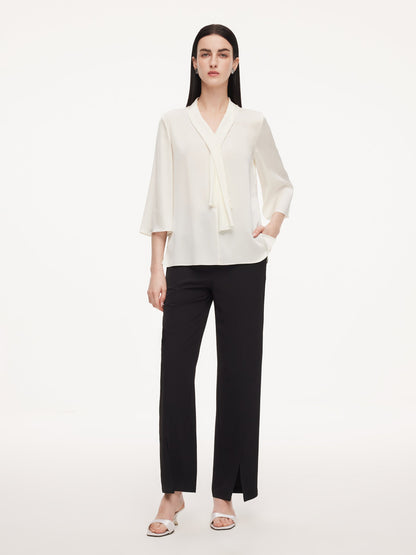 22MM Mulberry Silk Tie Neck Women 3/4 Sleeve Blouse