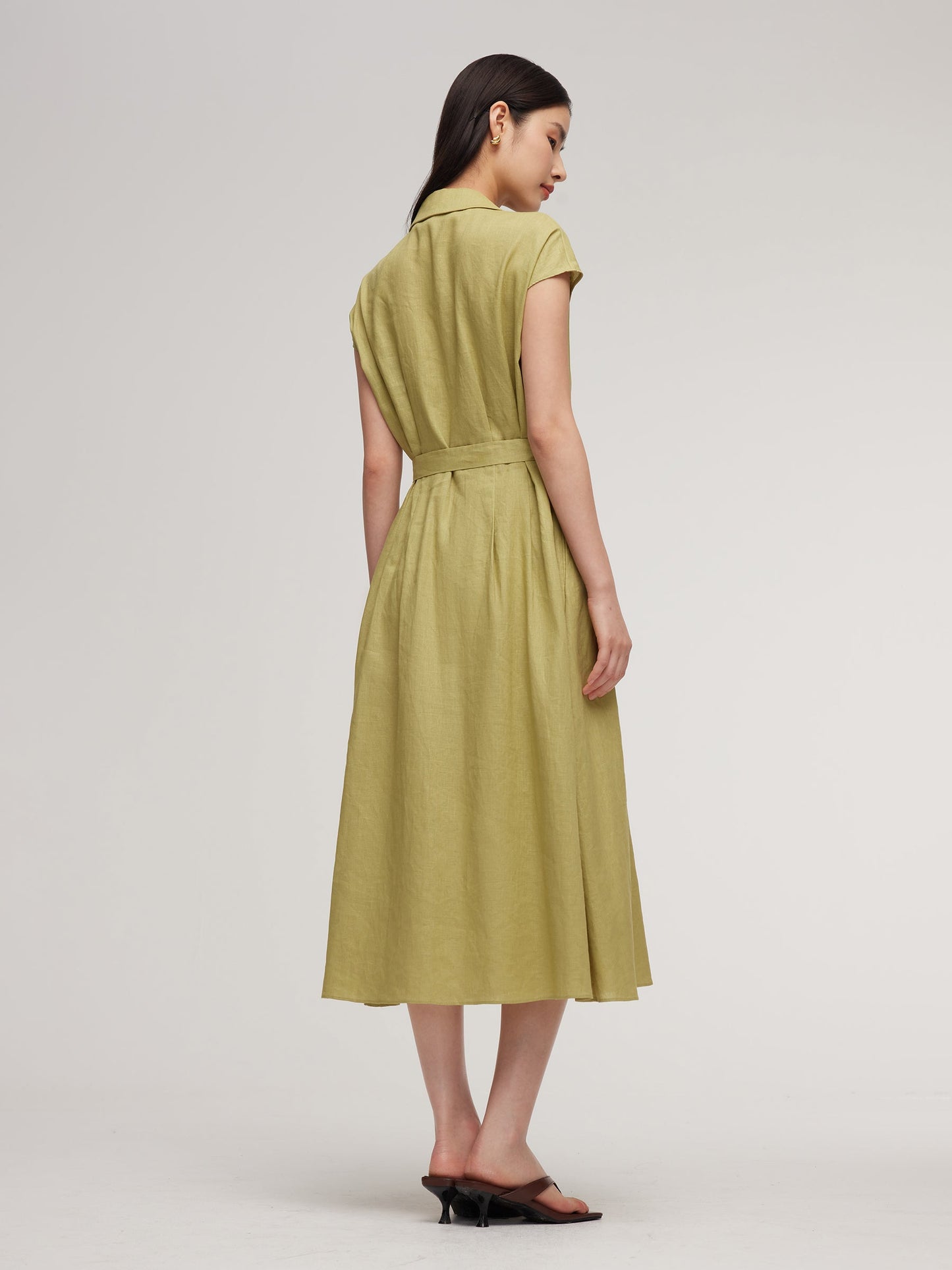 100% Linen Gathered Waist Women Self-Tie Belt Maxi Dress