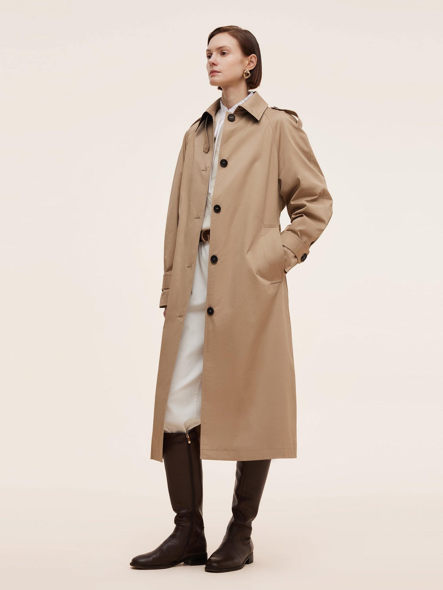 Cotton Self-Tie Belt Women Long Trench Coat