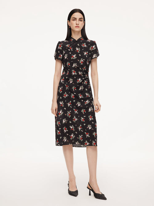 16MM Mulberry Silk Rose Print Women Qipao Midi Dress