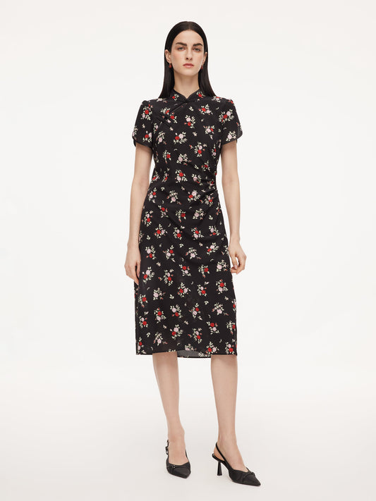 16MM Mulberry Silk Rose Print Women Qipao Midi Dress