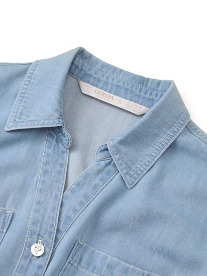 100% Cotton Denim Women V-Neck Maxi Shirt Dress With Belt