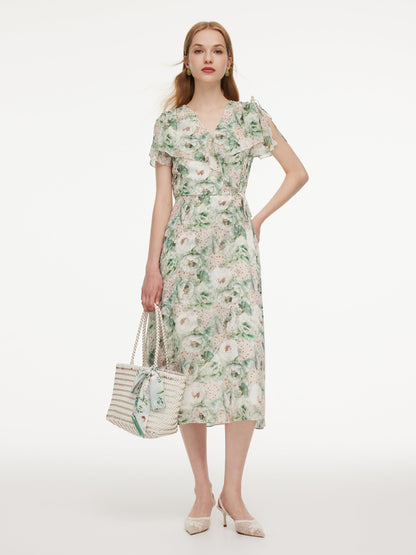 10MM Mulberry Silk Floral Print Ruffled Sleeve Women Wrap Maxi Dress