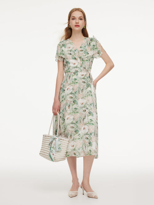 10MM Mulberry Silk Floral Print Ruffled Sleeve Women Wrap Maxi Dress