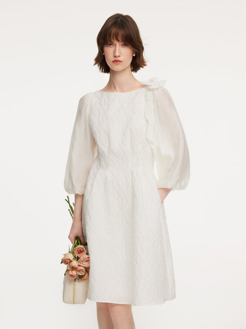 Jacquard Boat Neck Women Midi Dress With Detachable Flower