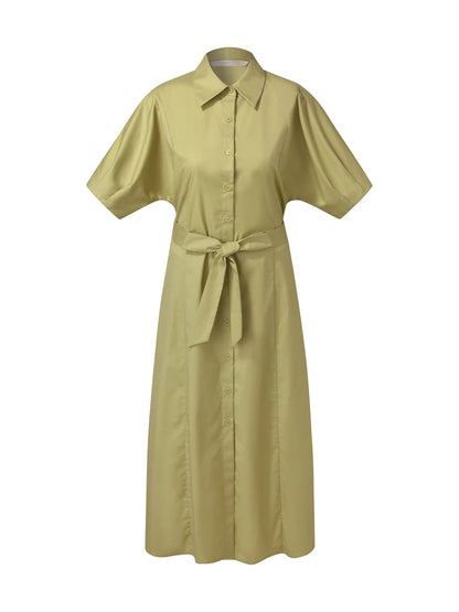 Gathered Waist Stretch Women Maxi Shirt Dress With Belt