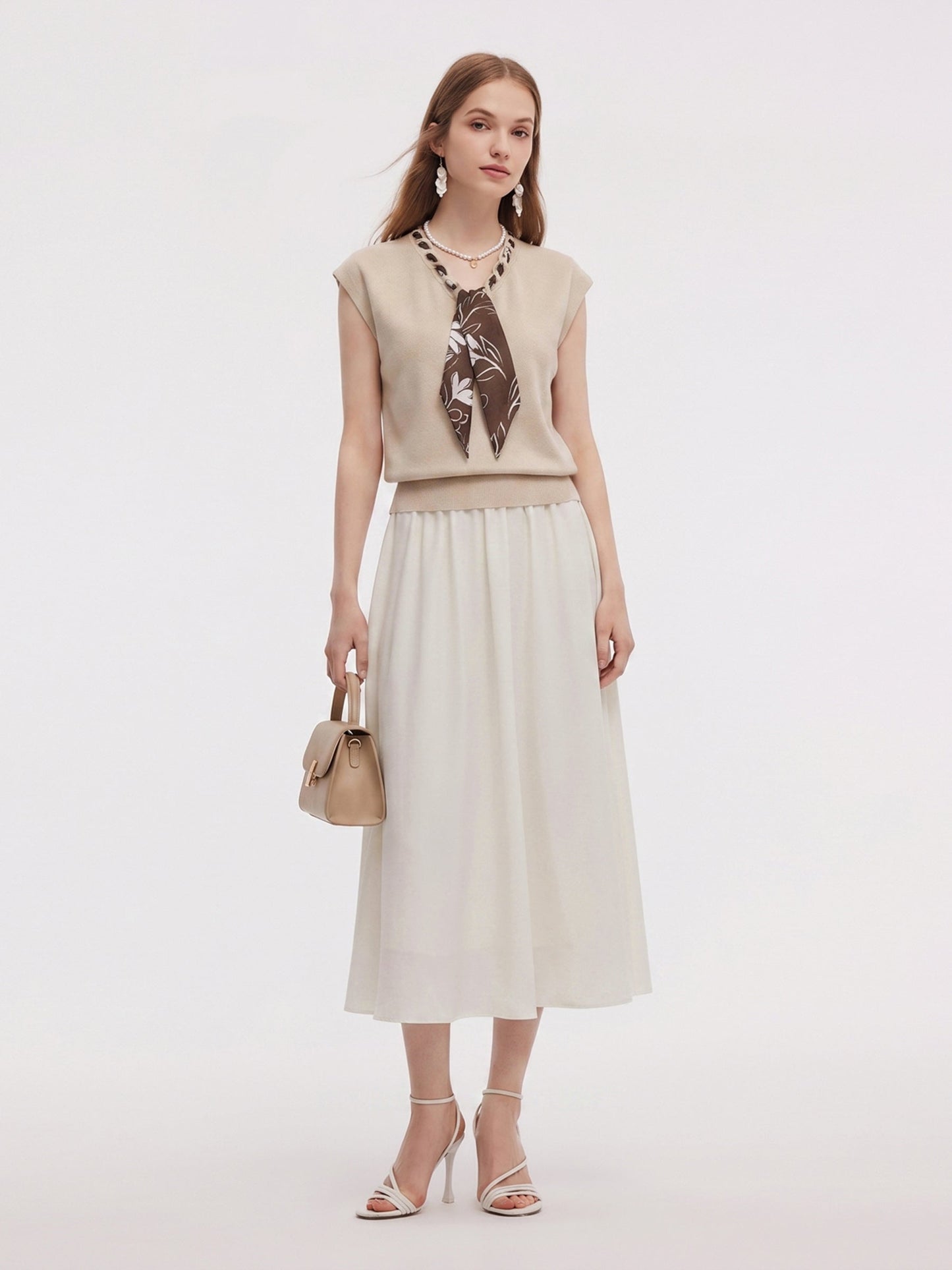 Pre-Order Silky Scarf Neck Knit Top And Acetate Blend Skirt Two-Piece Set