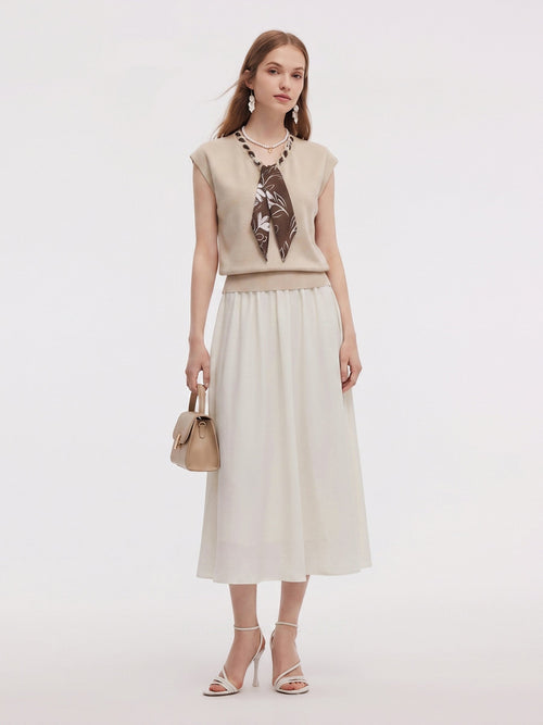 Pre-Order Silky Scarf Neck Knit Top And Acetate Blend Skirt Two-Piece Set