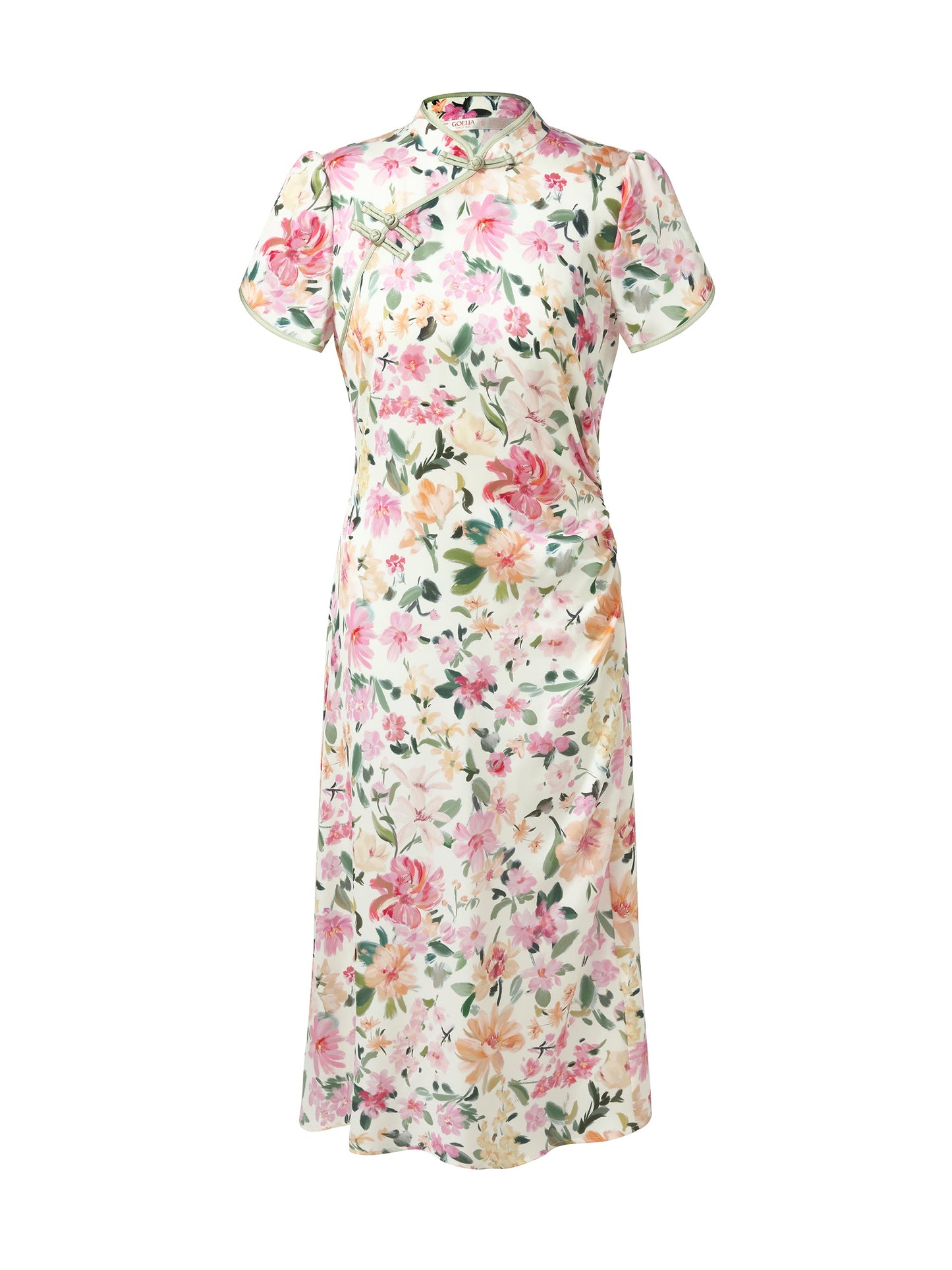 19MM Mulberry Silk Floral Print Side Twist Women Qipao Midi Dress