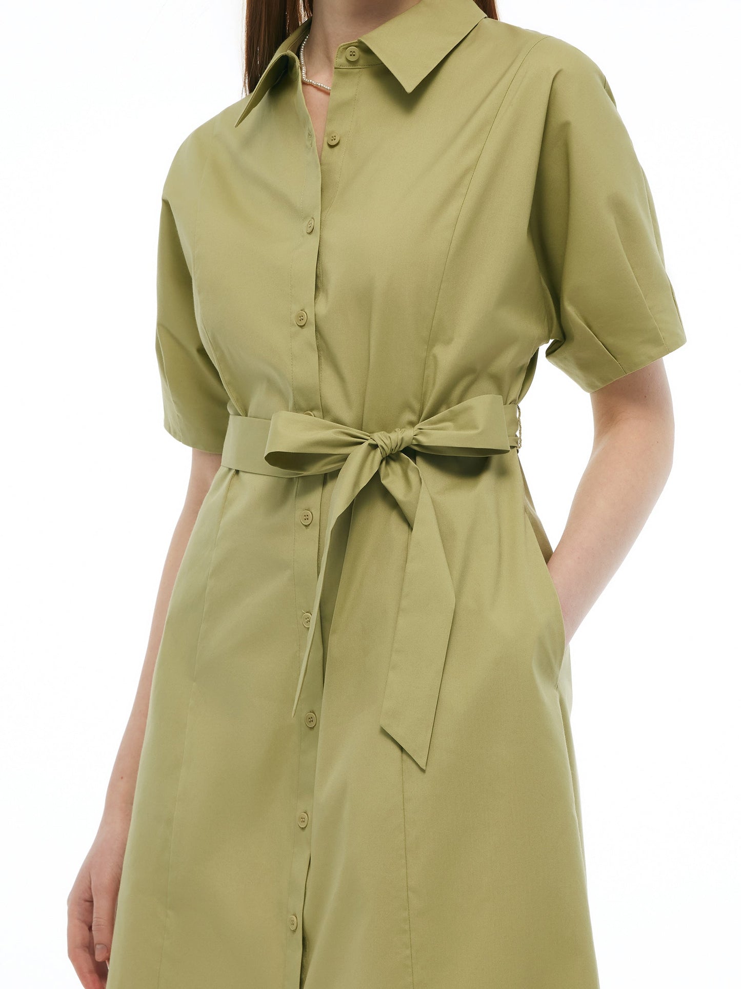 Gathered Waist Stretch Women Maxi Shirt Dress With Belt