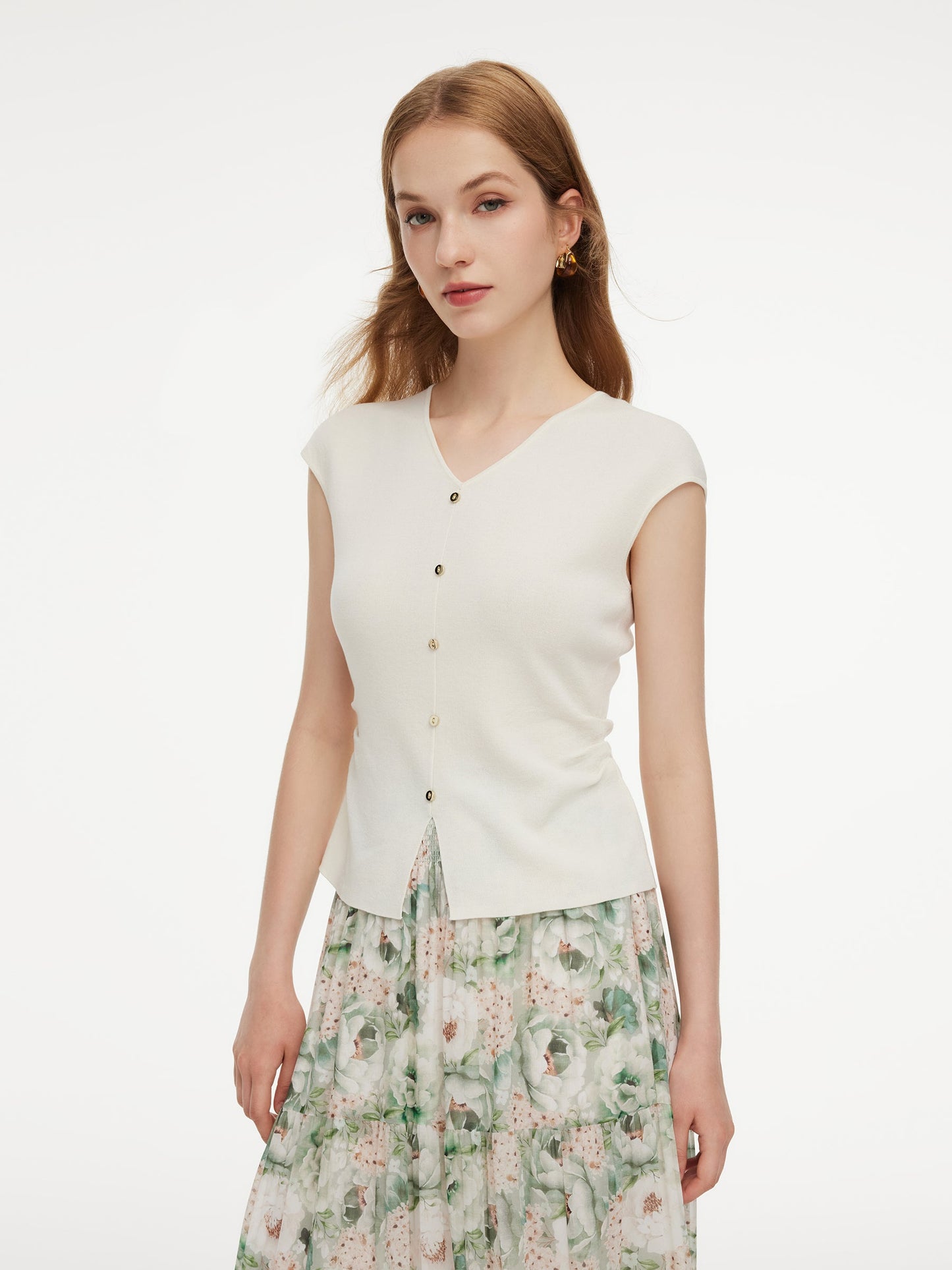Tencel Blend Side Twist Women Cap Sleeve Knit Top
