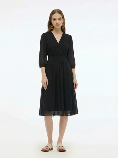 V-Neck Pleated Lace Up Wrap Midi Dress