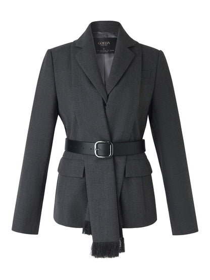 Worsted Wool Blend Women Blazer With Fringe Scarf And Belt