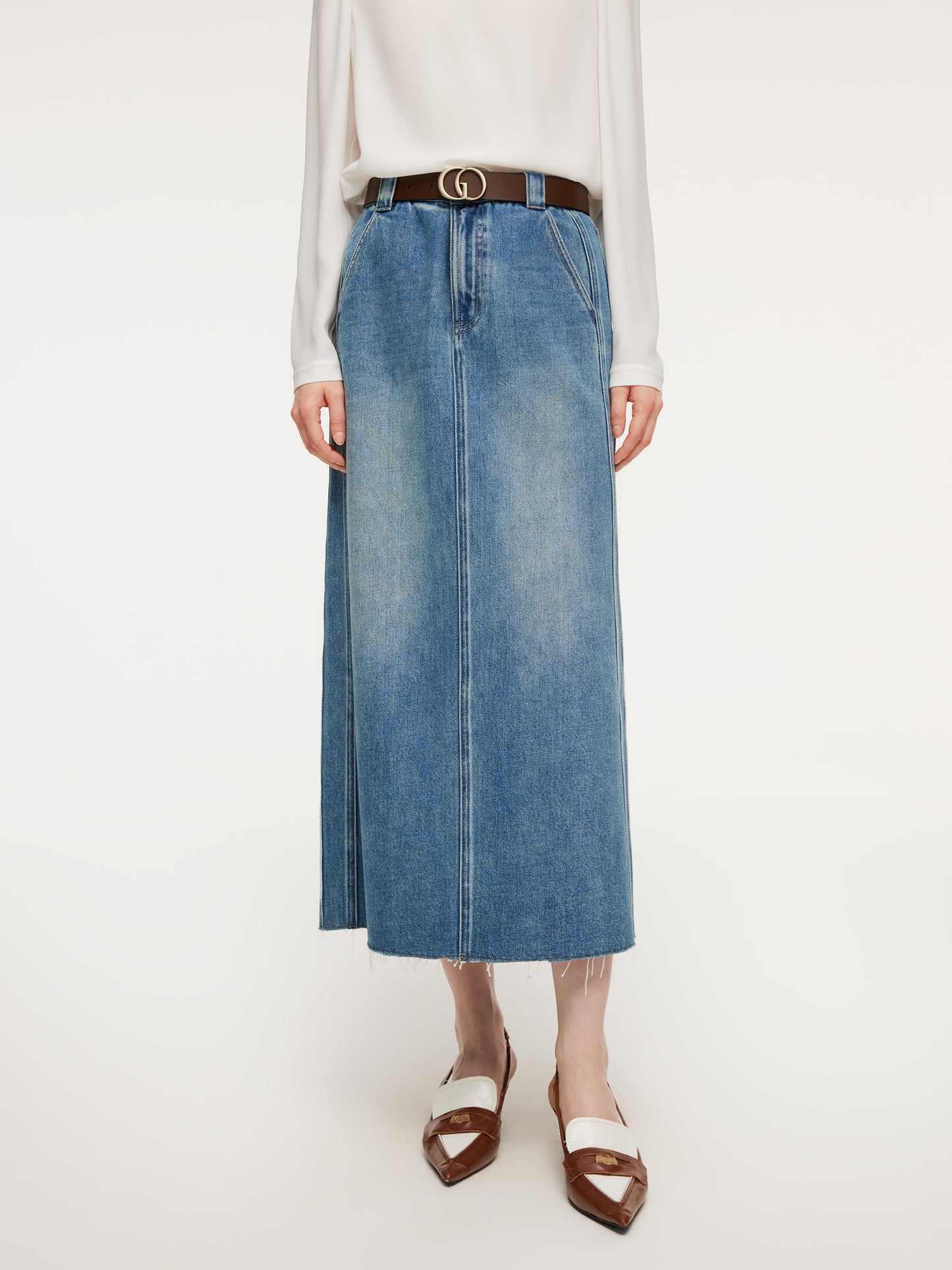 Lyocell Cotton Blend Denim Frayed Hem Women Skirt With Belt
