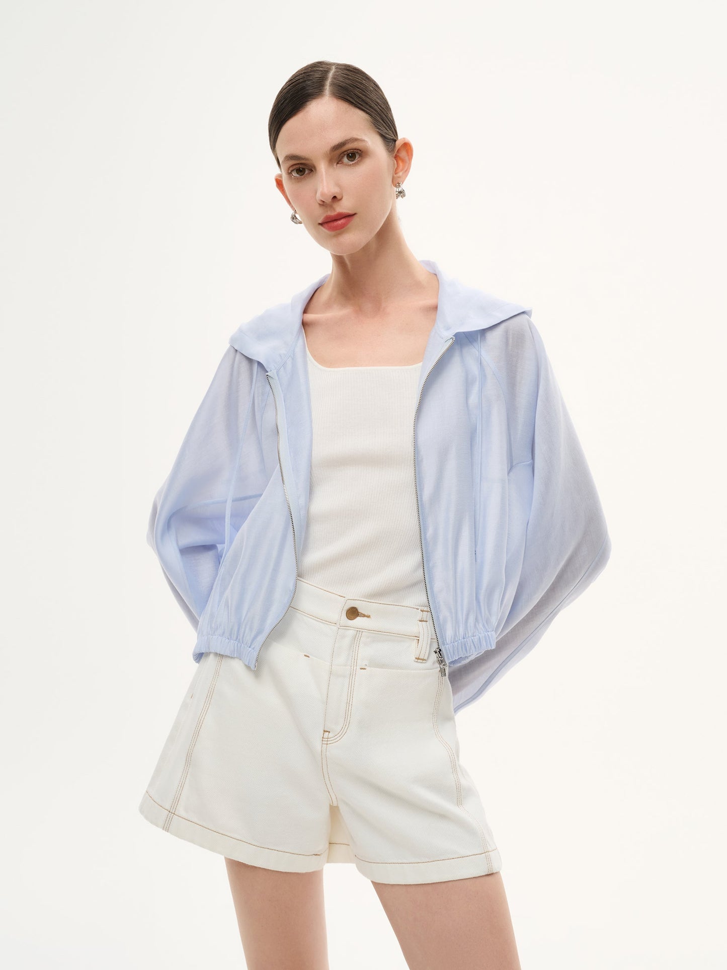 Tencel Acetate Linen Blend Women Zip-Up Hooded Cropped Jacket