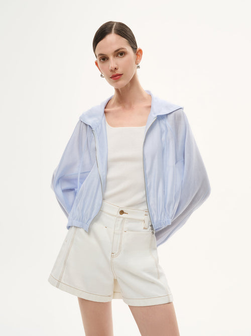 Tencel Acetate Linen Blend Women Zip-Up Hooded Cropped Jacket