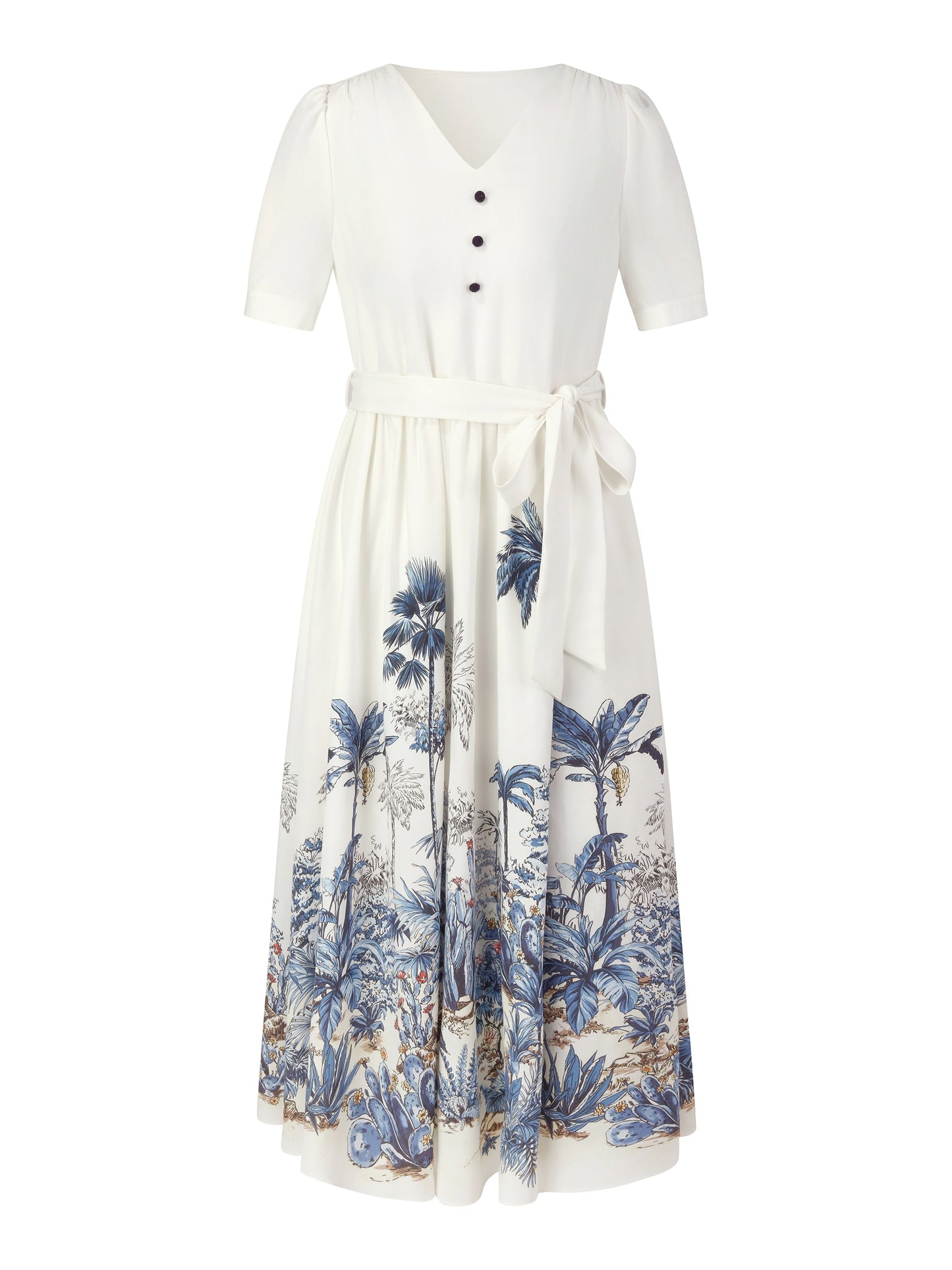 Tencel Linen Floral Print Women V-Neck Midi Dress With Self-Tie Belt