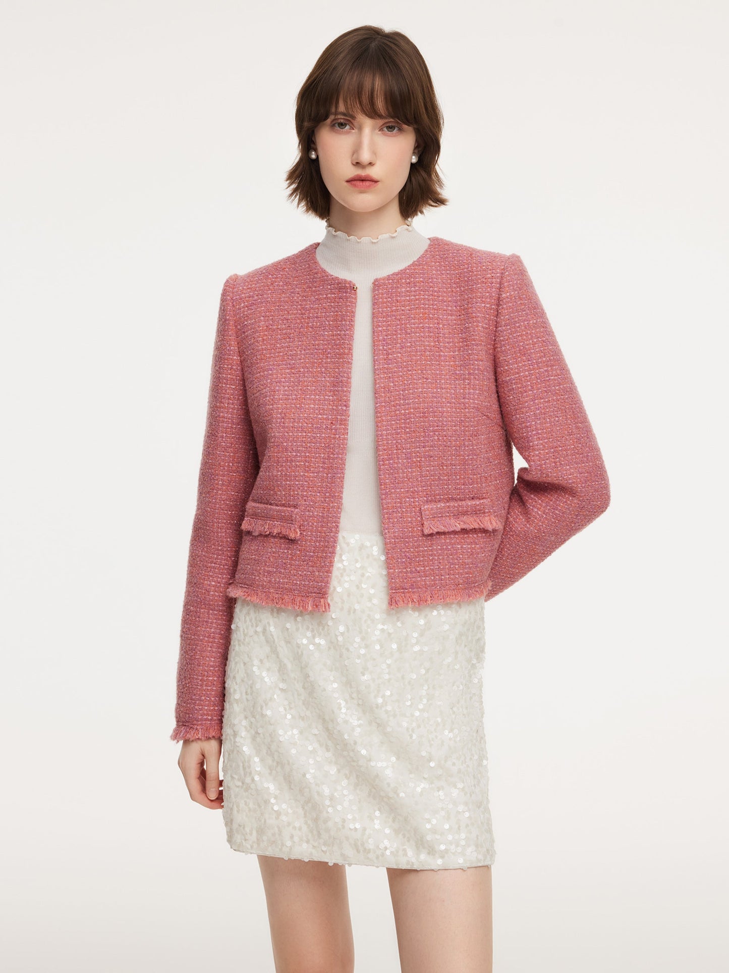 Wool Blend Tweed Frayed Hem Women Jacket