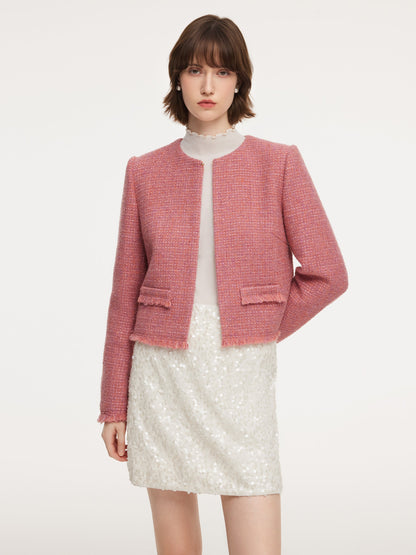 Wool Blend Tweed Frayed Hem Women Jacket