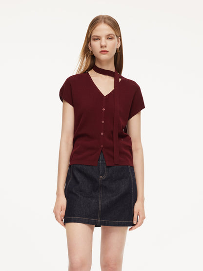 Lyocell Blend V-Neck Women Cardigan With Ribbon