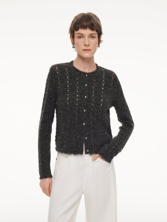 Alpaca Wool Blend Frayed Edges Women Open-Knit Cardigan