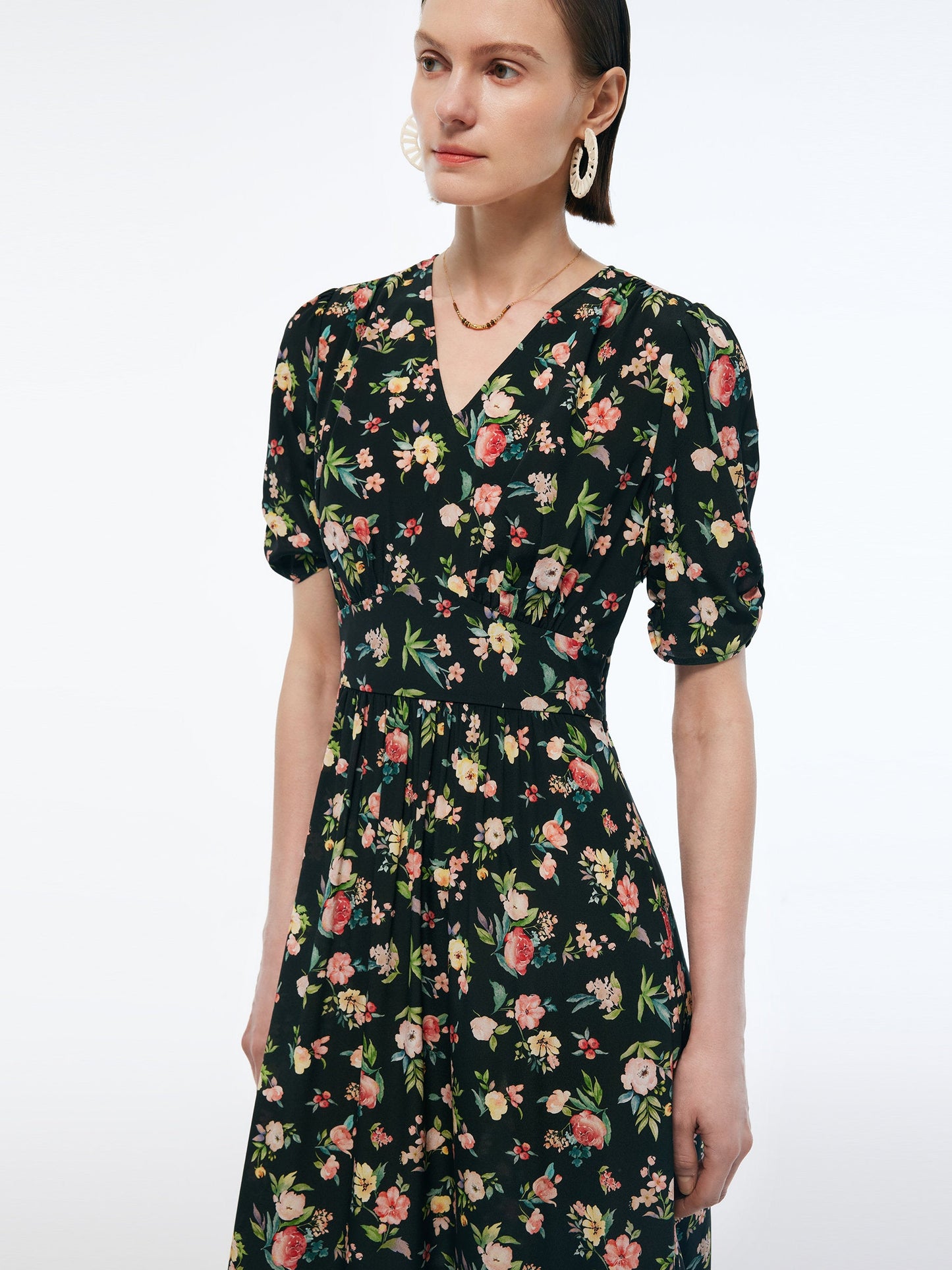 16MM Mulberry Silk Floral Print Women Puff Sleeve Maxi Dress