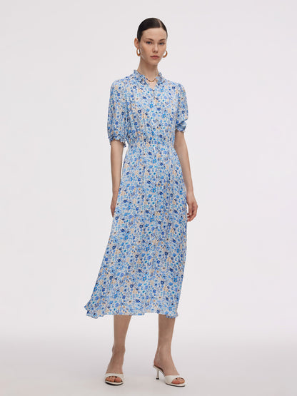 19MM Mulberry Silk Floral Print Ruffle Collar Maxi Dress