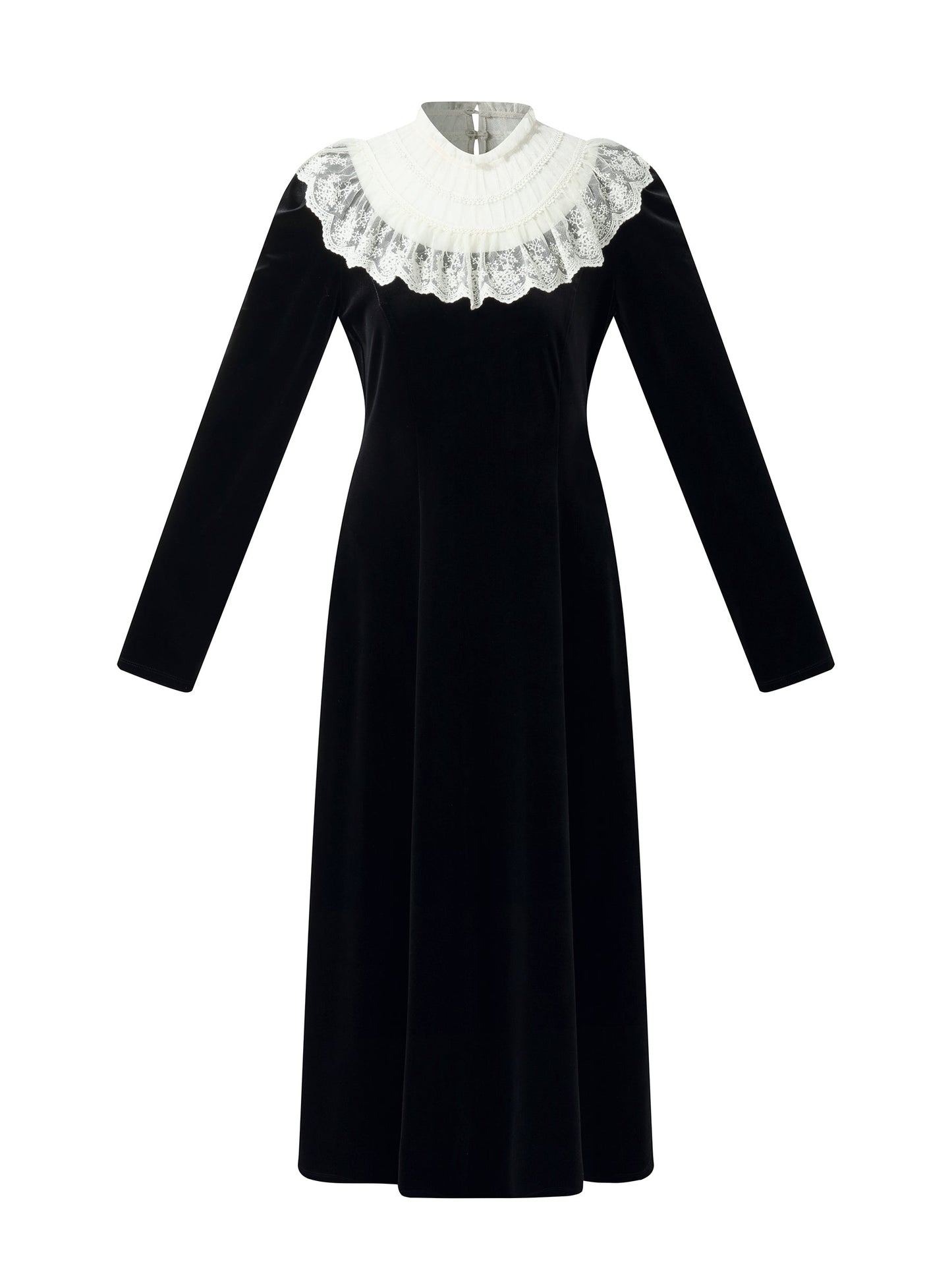 Velvet Sheer Lace Collar Women Midi Dress With Beret